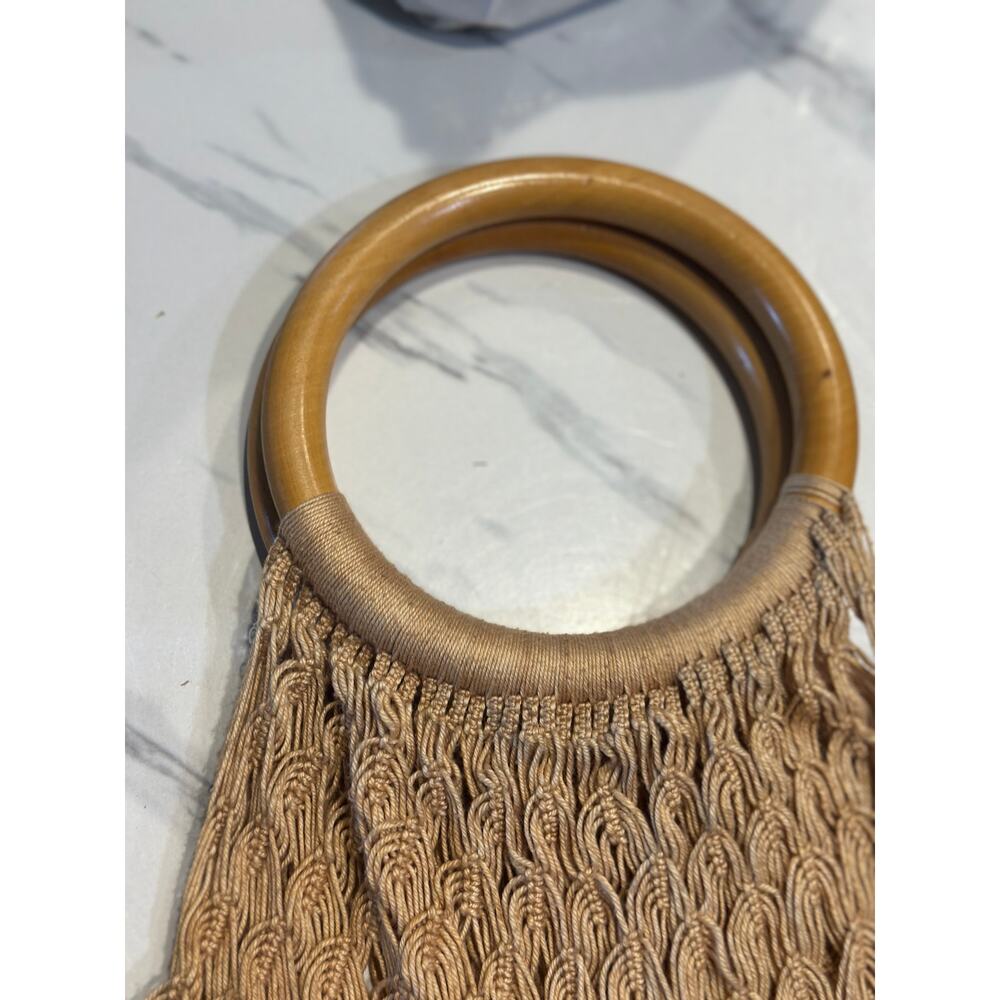Vintage Boho Macramé Handbag with Wooden Ring Handles – Handmade Knit Tote - Picture 4 of 6
